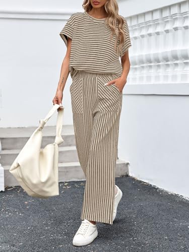 Image of Tankaneo Womens Striped 2 Piece Sets Short Sleeve T Shirts Wide Leg Pants Matching Lounge Set with Pockets