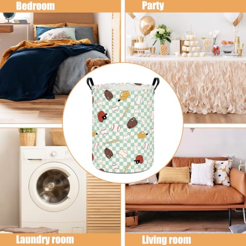 Image of Round Laundry Basket Collapsible Storage Hamper Green Grid Baseball | Waterproof Canvas Foldable Baskets with sturdy Handles Multi-scene Organizer for Home Play Bedroom Gift Bin