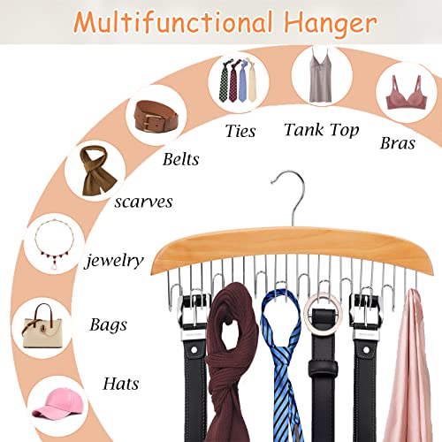 Belt Hanger For Closet, 2 Pack 360° Rotating Wood Belt Organizer With 12 Chrome Hooks, Resovo Space Saving Durable Hanging Closet Rack For Belts, Tank Tops. Accessories Holder For Ties -Wood #TOP1