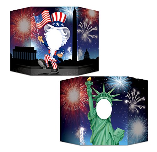 Beistle Reversible Patriotic Photo Booth Props, 37” x 25”, 2 Pack – Statue of Liberty & Uncle Sam Backdrop, Fourth of July Party Decorations