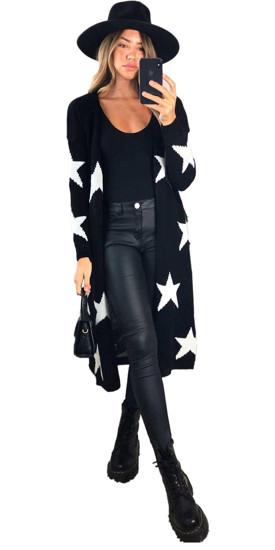 Womens Star Print Cardigan Open Front Edge to Edge Knitted Long Draped  Cardigans Coat Ladies Longline Maxi Length Warm Coatigan Casual Sweater