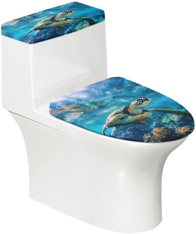 ZOUTAIRONG Sea Turtle Toilet Lid Cover and Toilet Tank Lid Cover Soft Toilet Seat Cover Set Bathroom Accessories with Elastic Bottom Machine Washable Toilet Cover Durable