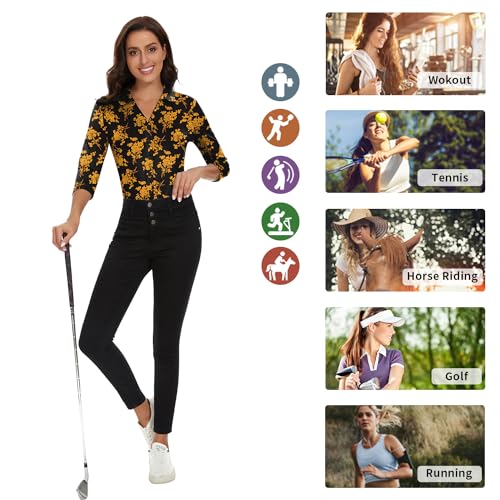 Image of Soneven Womens Golf Polo Shirts 3 /4 Long Sleeve V Neck Button Down Shirts Business Causal Work Blouses Tops