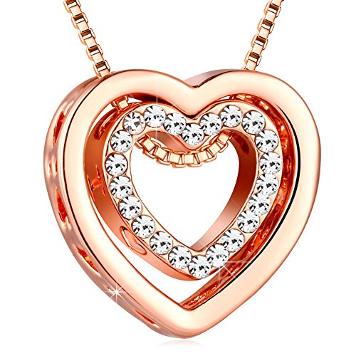 murtoo Heart Necklace for Women Rose Gold Double Heart Pendant Necklace with Crystals Decorated I Love U Engraved Rose Gold