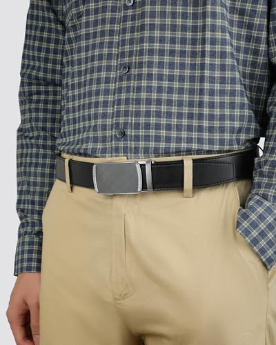Image of Chaoren Leather Ratchet Belt 2 Pack Dress with Click Sliding Buckle 1 3 /8 inch in Gift Set Box - Adjustable Trim to Fit