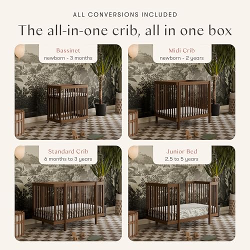 Image of Babyletto Pogo Convertible All-Stages Bassinet, Midi, Full-Size Crib in Natural Walnut, GREENGUARD Gold Certified, Portable & Adjustable with Conversion Kits and Pads Included