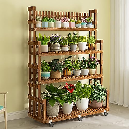 YAMAAIYI フラワースタンド 木製 3段 観葉植物 ガーデニング 棚 プランタースタンド 花台 室内&屋外 プランターラック キャスター付き (幅80, ベーシック - 4段)