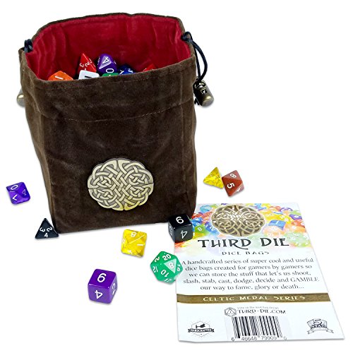 Third Die Dice Bag - Celtic Medal Series - Handcrafted, Reversible Drawstring Dice Bag That Stands Open On The Table and Closes Tight - Complex Knot Medallion - Rich Brown and Blood Red