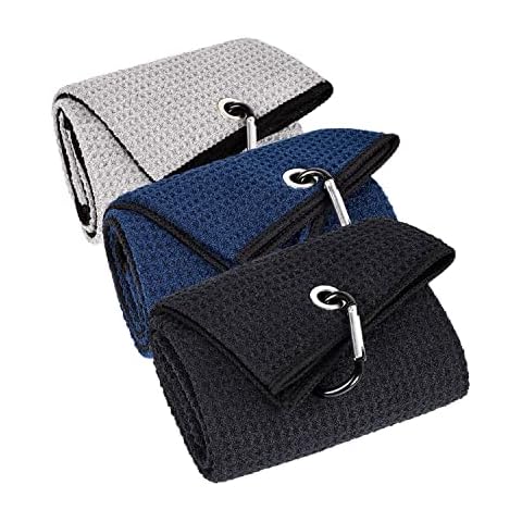 LUSTEMBER 3 Pack Large Golf Towels, 16" x 24" Tri-Fold Portable Microfiber Fabric Waffle Pattern Golf Towel for Golf Bag with Carabiner Clip to Quickly Remove Sand, Mud, Dirt and Sweat Cover