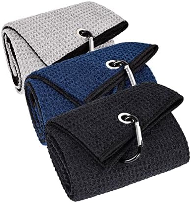 LUSTEMBER 3 Pack Large Golf Towels, 16" x 24" Tri-Fold Portable Microfiber Fabric Waffle Pattern Golf Towel for Golf Bag with Carabiner Clip to Quickly Remove Sand, Mud, Dirt and Sweat