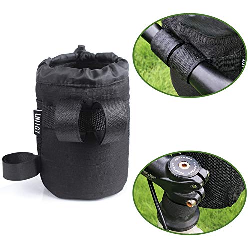 UNIGT Bike Water Bottle Drink Holder with Spring Cord Lock and Side Mesh Pocket for Bicycle Handlebar Cup Holder - 3 Straps Mounting Points Adjustable
