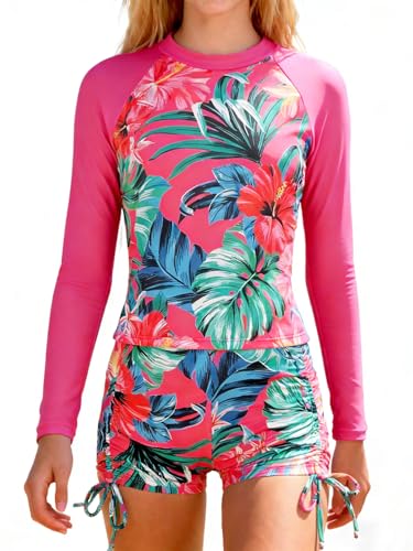 Image of Girls Swimsuit Long Sleeve Rash Guard Bathing Suit Two Piece Swimwear Swimming Tops and Ruched Shorts 4-13t