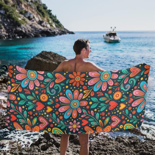 Toalla de baño portátil Boho Folk Art Floral Heart para playa, sobredimensionada, suave, super absorbente y de secado rápido, multipropósito para deportes, fitness y yoga, 31" x 71" miniatura 5