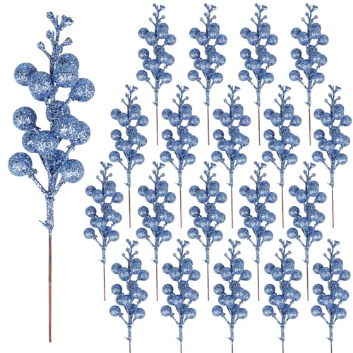 24 Piezas decoración de Bayas Rojos,Palillos Artificiales de Bayas Rojos Acebo Bayas Rojas Ramas Tallos de Bayas navideñas para el árbol de Navidad Temporada de Vacaciones (Azul)