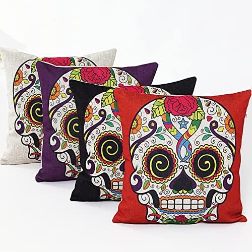 L&J ART 4 PCS Skull Pillow Case Mexican Day of The Dead Decor Colorful Floral Sugar Skull Cotton Linen Square Throw Pillow Cushion Cover Standard Pillowcase Home Decorative 18 x 18 inch 4NS2