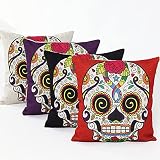 L&J ART 4 PCS Skull Pillow Case Mexican Day of The Dead Decor Colorful Floral Sugar Skull Cotton Lin