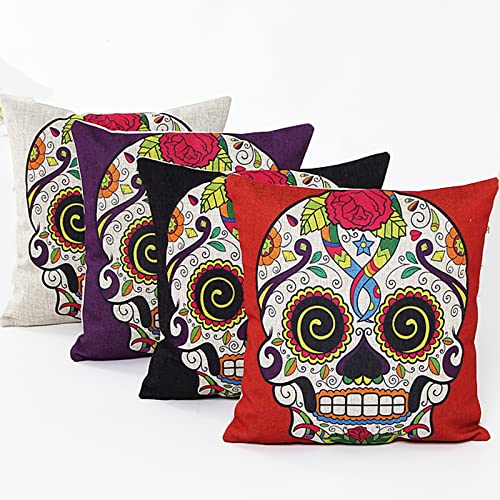 L&J Art 4 Pcs Skull Pillow Case Mexican Day Of The Dead Decor Colorful Floral Sugar Skull Cotton Linen Square Throw Pillow Cushion Cover Standard Pillowcase Home Decorative 18 X 18 Inch 4Ns2 #TOP17