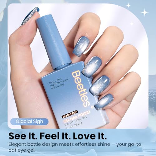 Image of Beetles Glacial Sigh Blue Cat Eye Gel Nail Polish - 15ML Full Size Light Glitter Gel Polish with Magnet Soak Off UV Velvet Nail Polish Salon DIY Nail Art Manicure Gift for Women