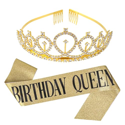 AIYONG Juego de tiara de cumpleaños y corona, Diadema de Cumpleaños/Tiaras de Niña y Cinturones de Satén Personalizados, fajas personalizadas para decoración de cumpleaños para niñas y adultos