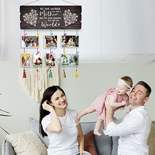 Yudarte Mother's Day Picture Gifts For Mom - To The World You Are A Mother But To Our Family You Are The World Rustic Wall Decor - Collage Picture Hanging Display Board With Clothespins And Tassel #TOP1