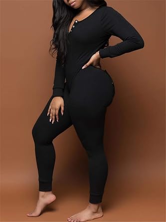 Womens Sexy Onesie Pajama with Butt Flap Long Sleeve V Neck Bodycon One Piece Jumpsuit Back Trapdoor Romper Sleepwear