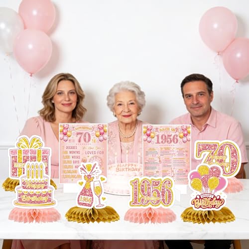 Image of 70th Birthday Decorations for Women, 7 Pcs Pink Rose Gold Back in 1956 Happy 70th Birthday Honeycomb Centerpieces Table Decorations for 70 Year Old Bday Party Favors Supplies