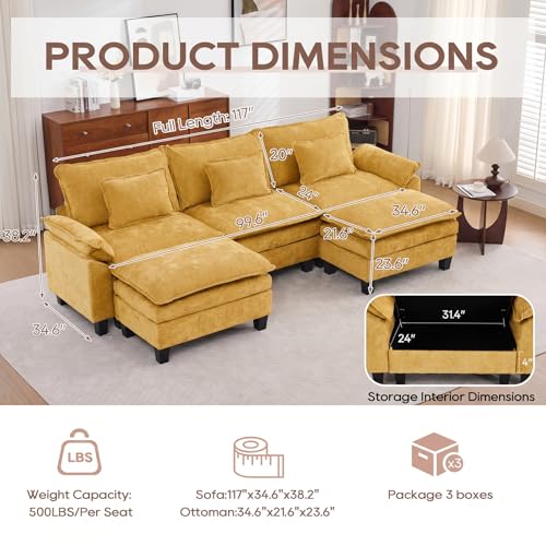 Image of IPKIG 117 inch Modular Cloud Couch with Storage, U Shaped Sectional Sofa with Ottoman & Pillow, Chenille Deep Seat Sectional Couches for Living Room, Apartment, Yellow
