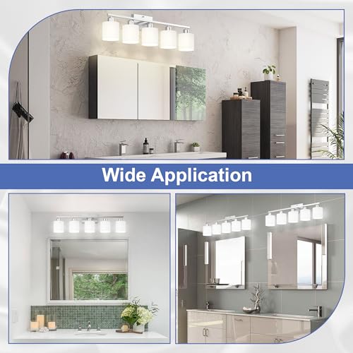 Image of Bathroom Lights Over Mirror Brushed Nickel, Anti-Rust 5-Light Bathroom Vanity Light Fixtures, Modern 28.34Inches Wall Sconces E26 Base, Milky White Glass Shades, Bulbs Not Included