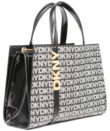 DKNY Women's Avril Small Satchel Crossbody 100% PVC with PU Trim, Black Logo and Black - Image 4