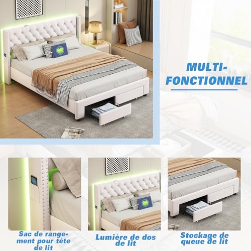 Fofetbfo Gepolstertes Doppelbett, 160 x 200 cm, mit 2 Schubladen, Bett 160 x 1200 cm mit Lattenrost, gepolstertes Kopfteil mit LED und USB, Funktionsbett mit Latten, für Erwachsene, Doppelbett, Beige – Bild 6