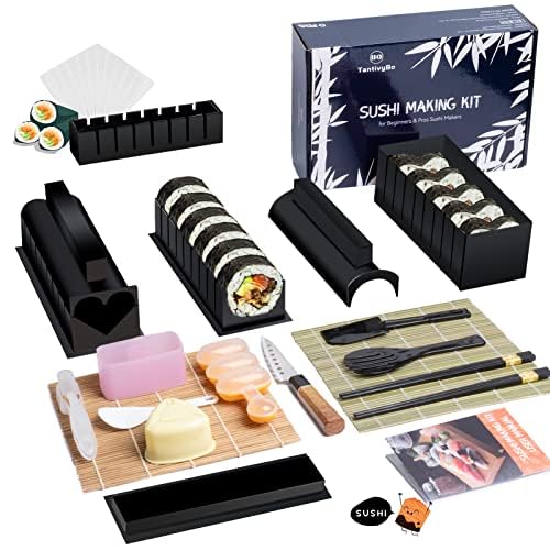 TantivyBo Sushi Making Kit 22 Pcs, Sushi Rolling Mat Kit for Beginners with 2 Sushi Mats, Chopsticks, Onigiri Mould, Rice Ball Maker, Musubi Press Mold, Temaki Roller, Nigiri Mould (Black)
