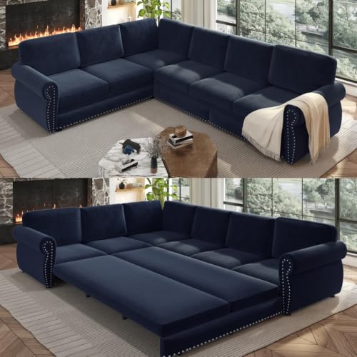 Image of KEIKI 118 inch Chesterfield Sleeper Sofa, Chenille Sectional Couch, Blue | L Shaped, Pull Out Bed Design, Nailhead Trim Detail, Rolled Armrest, 6 Seat Seating, Living Room Guest Room Use