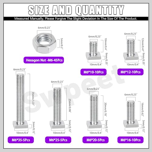 Image of Swpeet 90Pcs 6 Size M6x10 /12 /16 /20 /25 /35mm Galvanized Square Head Bolt and Hex Nuts Assortment Kit, Fully Thread Galvanized Square Head Screw, Square Machine Screws, Square Head T-Bolt