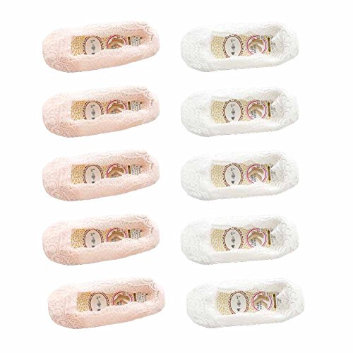 [Pink+White]10 Pairs Women Lace Cotton No Show Socks Thin Socks Low Cut Socks