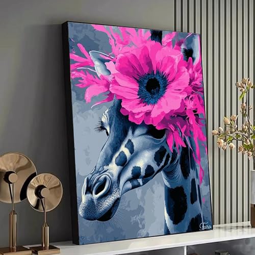 Affiche girafe avec couronne de fleurs roses - Toile moderne de 60x90 cm