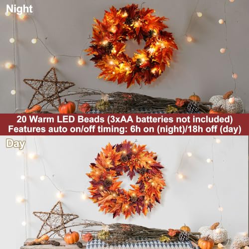 Image of Ghrdopy 24in Fall Wreath for Front Door with 20 Lights & Timer | Pre-Lit Wreath with Maple Leaves, Berries & Pinecones, for Indoor Outdoor Wall Porch Thanksgiving, Halloween home Decor