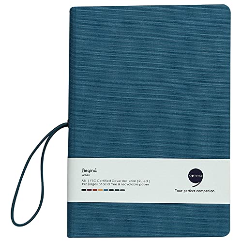 Image of COMMA Regina - A5 Size - Hard Bound Notebook with a Horizontal Elastic Band Closure - 192 Pages - 80gsm Natural Shade Paper - Fabric Cover Material - (Peacock Blue)