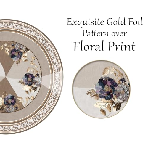 Image of Cloth Fusion Velvet Floral Round Shape Dining Table Cover Cloth 4 Seater with Stunning Gold Foil Design for Home Decor (60 Inch Round, Taupe)