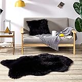 Teppich Wölkchen Kunstfell Fell-Teppich | Flauschiger Schaffell Bettvorleger für Schlafzimmer Bett oder Wohnzimmer Sofa Deko | Lammfell Läufer Waschbar | 80 x 120 cm - Fellform - Schwarz