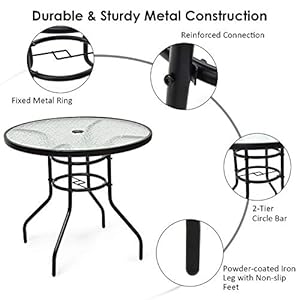 KOTEK 32'' Patio Table with Umbrella Hole, Outdoor Bistro Table w/Tempered Glass Top & Sturdy Metal Frame, Round Patio Dining Table Coffee Table for Garden, Balcony, Poolside KOTEK 32 Patio Table with Umbrella Hole Outdoor Bistro Table wTempered Glass Top Sturdy Metal Frame Round Patio Dining Table Coffee Table for Garden Balcony Poolside
