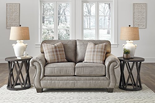 Signature Design By Ashley Olsberg Faux Leather Loveseat With Nailhead Trim And 2 Accent Pillows, Gray #TOP1