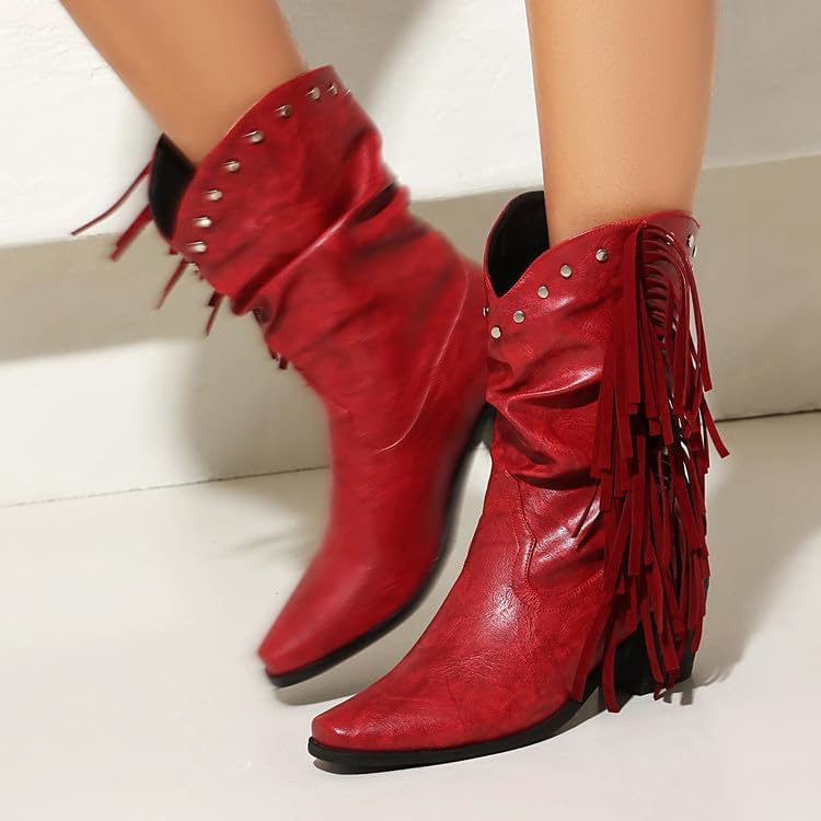 Women's Western Cowboy Boots Fringe Slouch Mid Calf Boots Fashion Buckle Strap Pointed Toe Tassel Western Cowgirl Boots