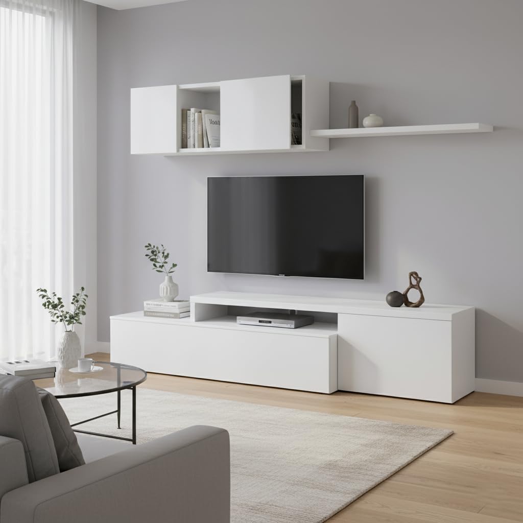 Bricozone Parete Attrezzata Moderna Soggiorno Design Contemporaneo Reversibile Con Mobile Porta Tv Pensile E Mensola In Pannello Melaminico Ideale Per Arredo Zona Living (Bianco)
