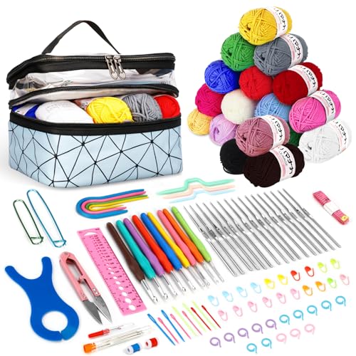 WUSUPU Juego de ganchillo portátil para principiantes,Agujas de Ganchillo,Crochet Kit Principiantes Adultos,Ganchillos Grochet Kit con bolsa de almacenamiento y accesorios y Lana,instrucciones