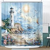 Nautical Coastal Lighthouse Shower Curtain, Boho Ocean Beach Lighthouse Seascape Beachy Abstract Shower Curtain Set, Seasides Sailboat Seagull Fabric Shower Curtain for Bathroom 12 Hooks, 72"Γ72" Blue