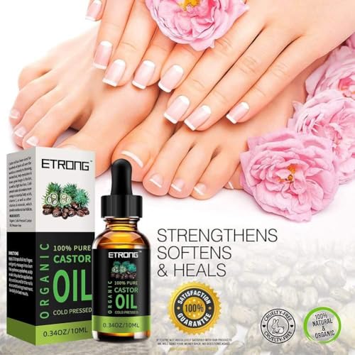 ETRONG Organic Castor Oil,Pure Cold Pressed Castor Oil for Eyebrows,Eyelashes,Hair Growth,Nails,and Skin with 1 Set of Eyebrow&Eyeliner Brushes (10 ml)