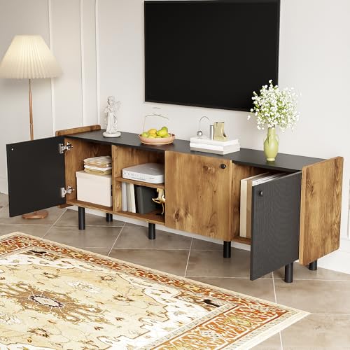 Lexiou Mueble para TV de 160 cm, color negro y madera – Estilo moderno con tres puertas y dos compartimentos abiertos
