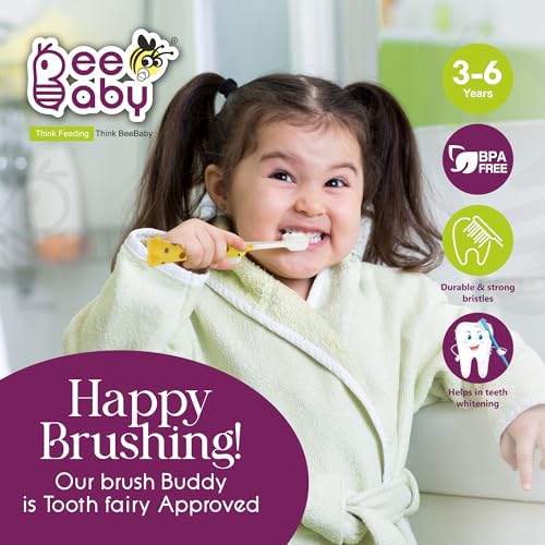 Image of BeeBaby Brush Buddy Baby Toothbrush for Kids 3-6 Years, Ultra Soft Tapered Bristles Toddler Toothbrush for Milk & Permanent Teeth, BPA Free Easy Grip Toothbrush for Sensitive Gums - Yellow Giraffe