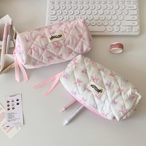 Image of Carry bloom Pencil Pouch Cute Pencil Case for Girls Aesthetic Pencil Bag with Zipper Pen Cases School Supplies Makeup Bag (bow flower pink)