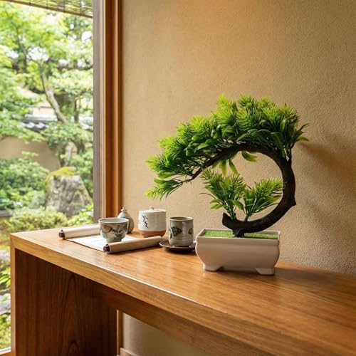 Image of Dekorly Artificial Fake Bonsai Potted Japanese Pine Bookshelf Decor, Artificial Bonsai Plant for Office Tabletop Decor | Indoor Cabinet Decoration | C Shape Plant (Green-2D, Height : Upto 22CM)